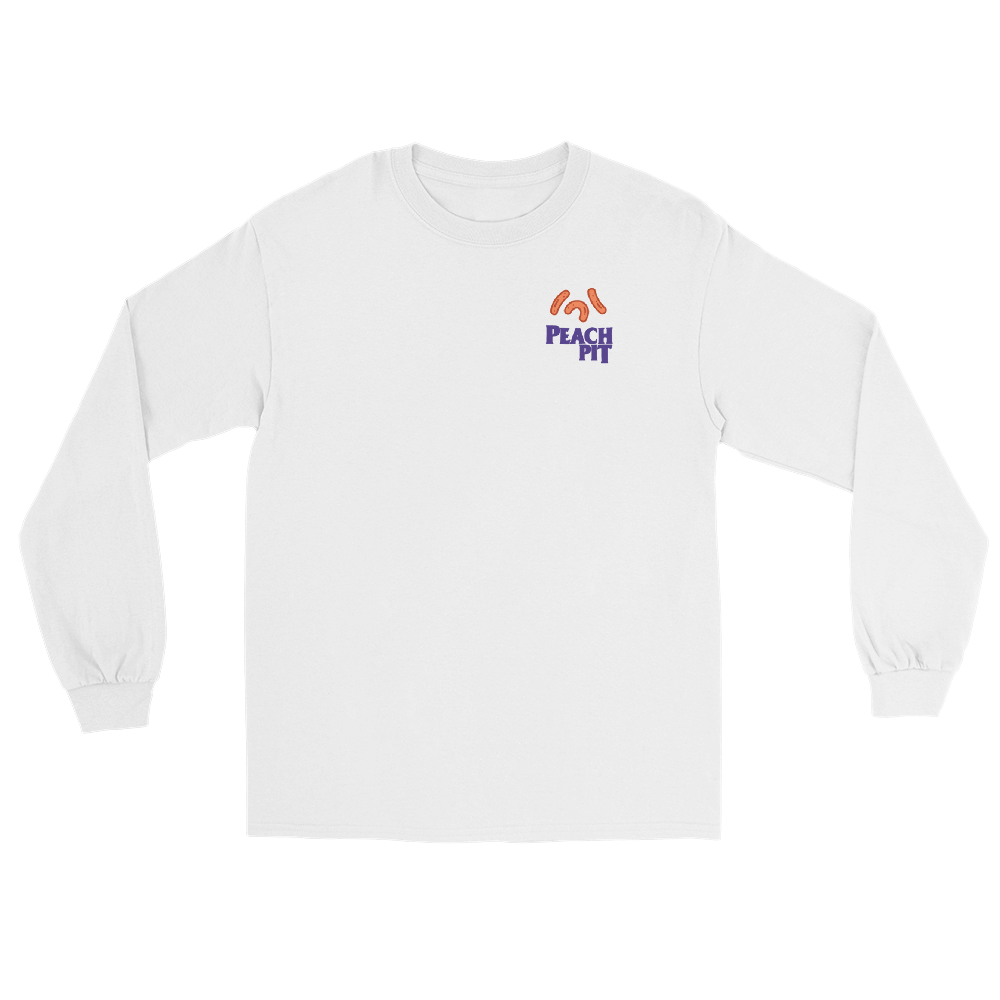 Peach Pit white long sleeve tee with Cheesie Guys design