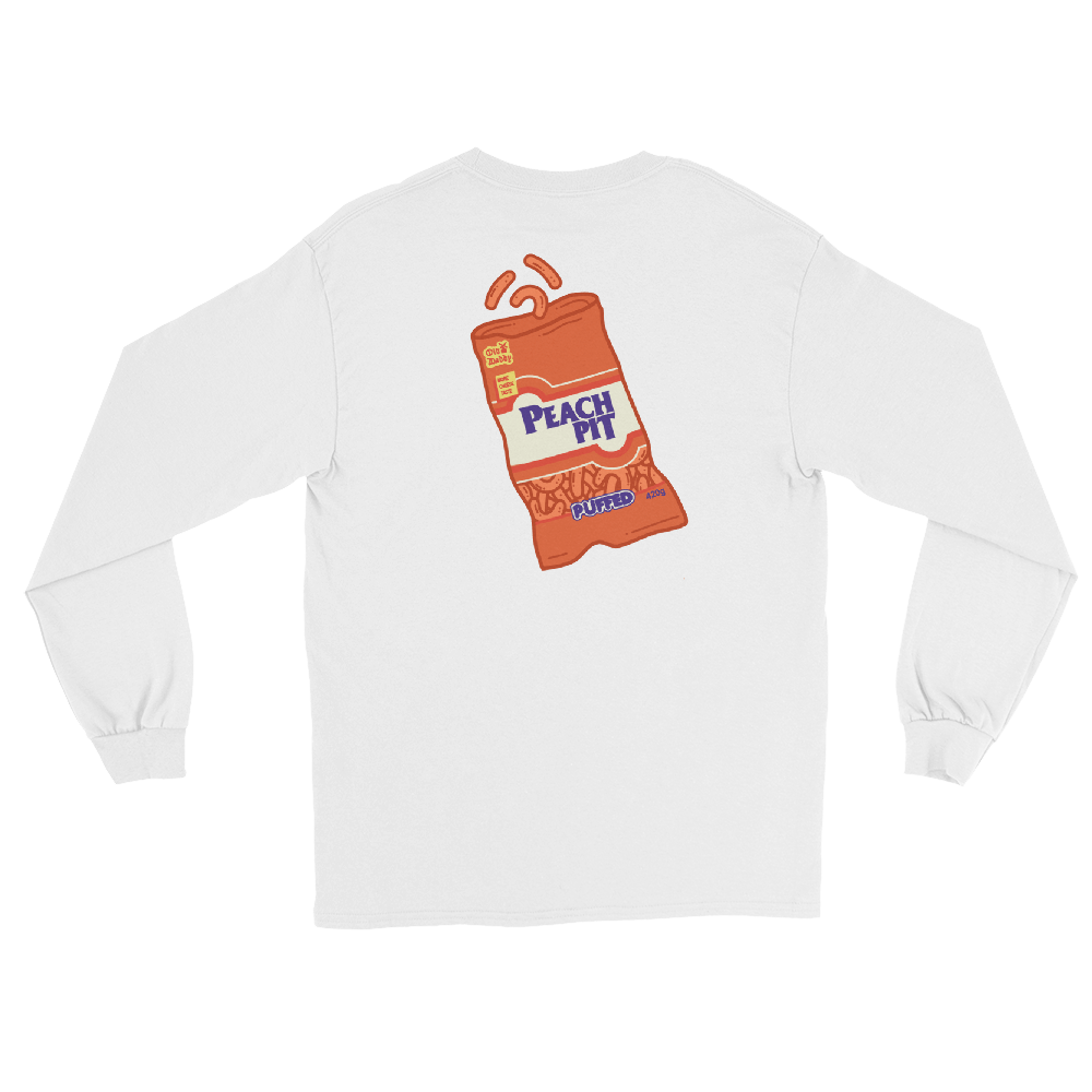 Peach Pit white long sleeve tee with Cheesie Guys design