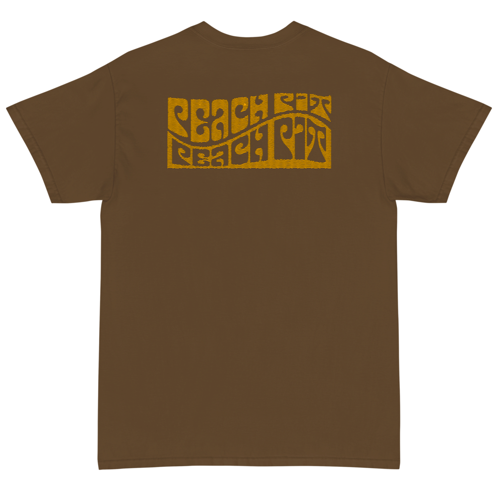 Peach Pit brown short sleeve tee with circular Peach Pit logo on front and rolling design on the back