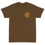 Load image into Gallery viewer, Peach Pit brown short sleeve tee with circular Peach Pit logo on front and rolling design on the back
