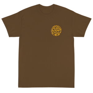 Peach Pit brown short sleeve tee with circular Peach Pit logo on front and rolling design on the back