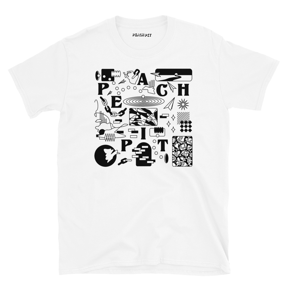 Peach Pit white shapes tee